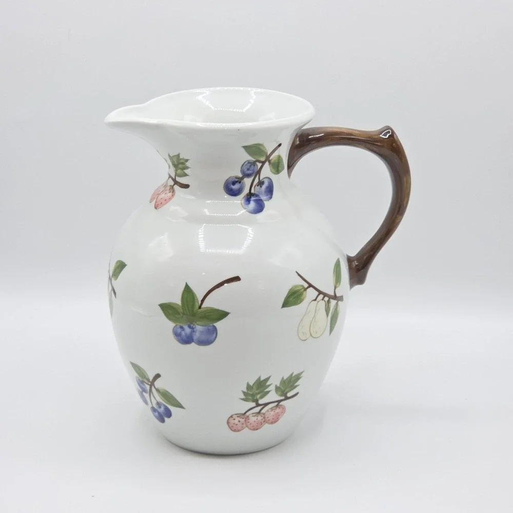 Vintage Grapes & Berries Handpainted Ceramic Pitcher Vase Farmhouse Style Multi‎